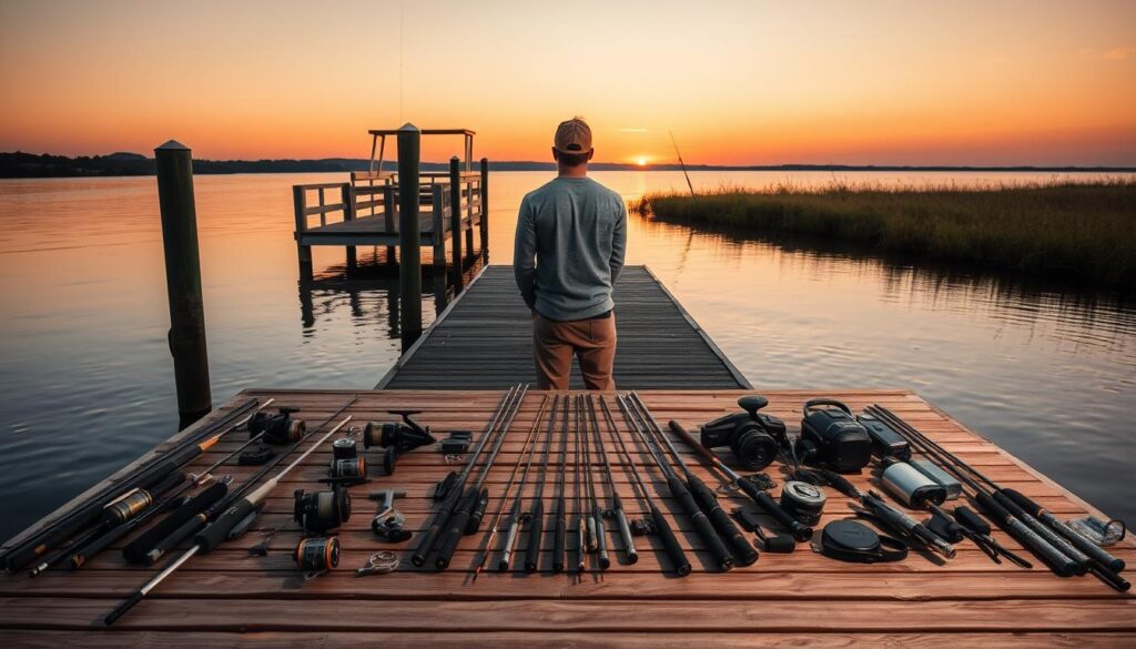 Angler contemplating between saltwater and freshwater fishing gear Angler contemplating between saltwater and freshwater fishing gear