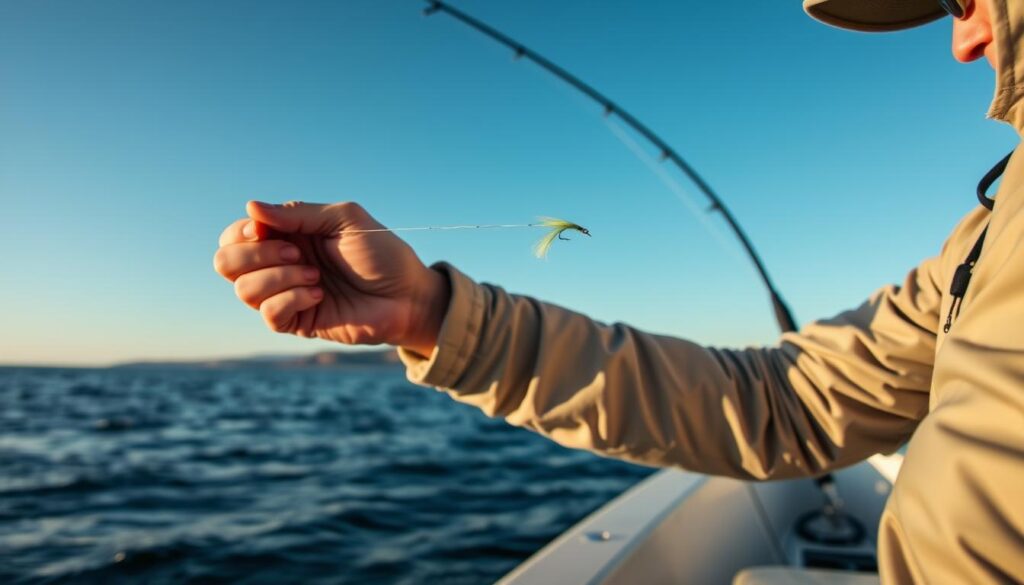 Angler demonstrating micro-jigging technique in coastal waters Angler demonstrating micro-jigging technique in coastal waters