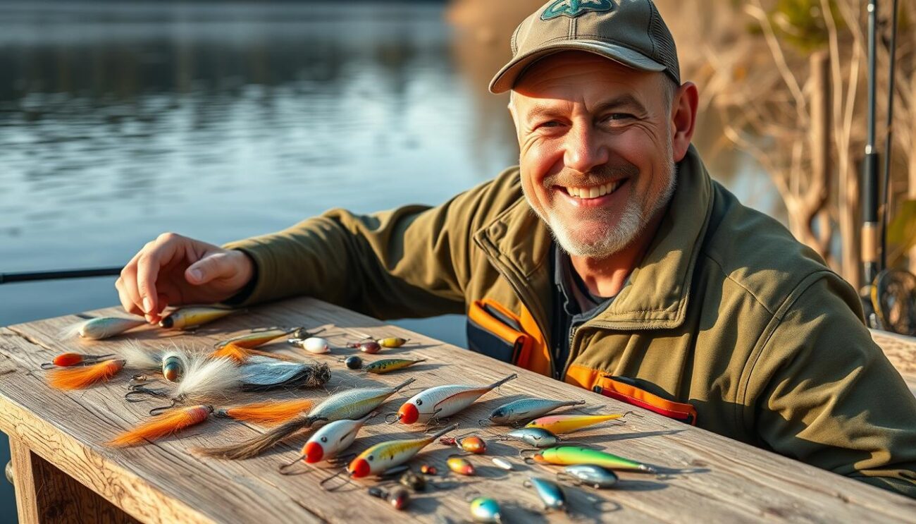 Angler displaying homemade fishing lures and accessories