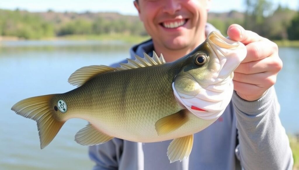 Angler holding up a fish caught using a homemade bottle cap lure