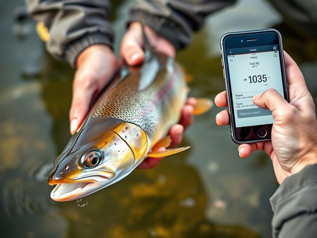 Angler practicing catch-and-release with a fish measurement app Angler practicing catch-and-release with a fish measurement app