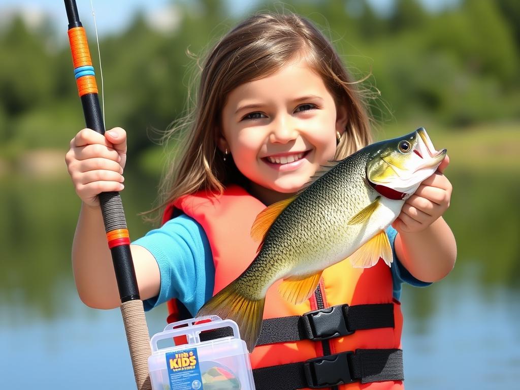 Child proudly holding their first caught fish with kids fishing accessories nearby Child proudly holding their first caught fish with kids fishing accessories nearby