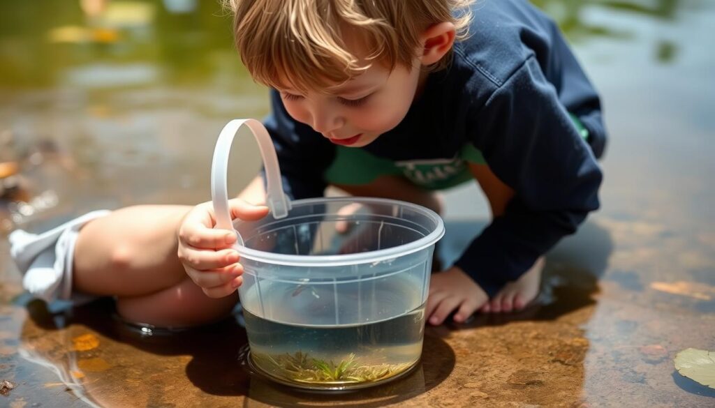Child using a clear viewing bucket to observe aquatic life Child using a clear viewing bucket to observe aquatic life
