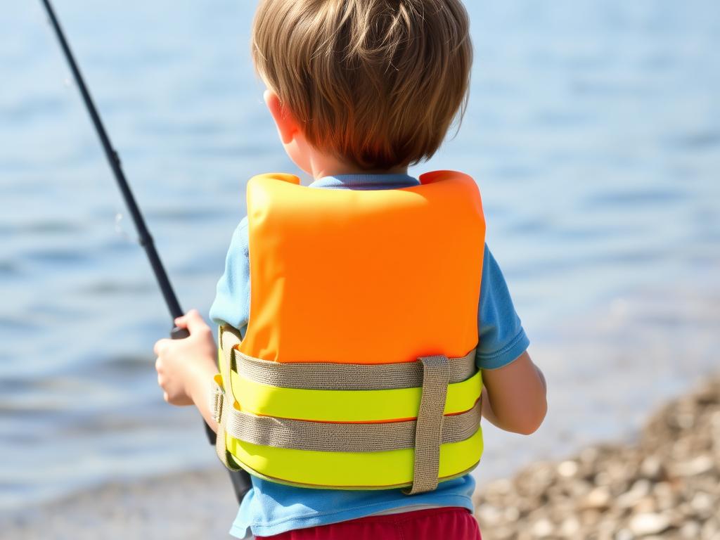 Child wearing a properly fitted life vest while fishing from shore Child wearing a properly fitted life vest while fishing from shore