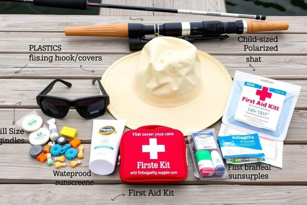 Collection of fishing safety accessories for kids including hook guards and sunglasses Collection of fishing safety accessories for kids including hook guards and sunglasses