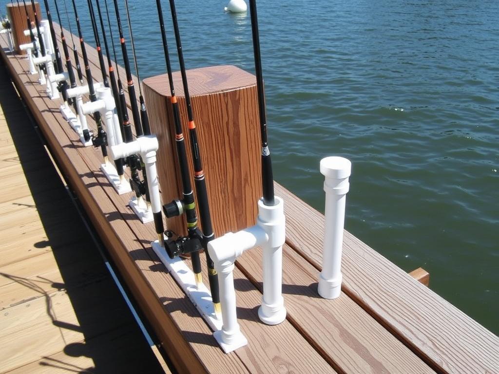 DIY PVC pipe fishing rod holders mounted on a dock