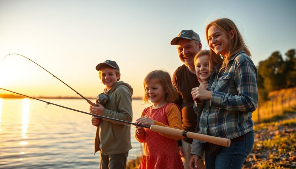 Family enjoying fishing together with proper kids fishing accessories