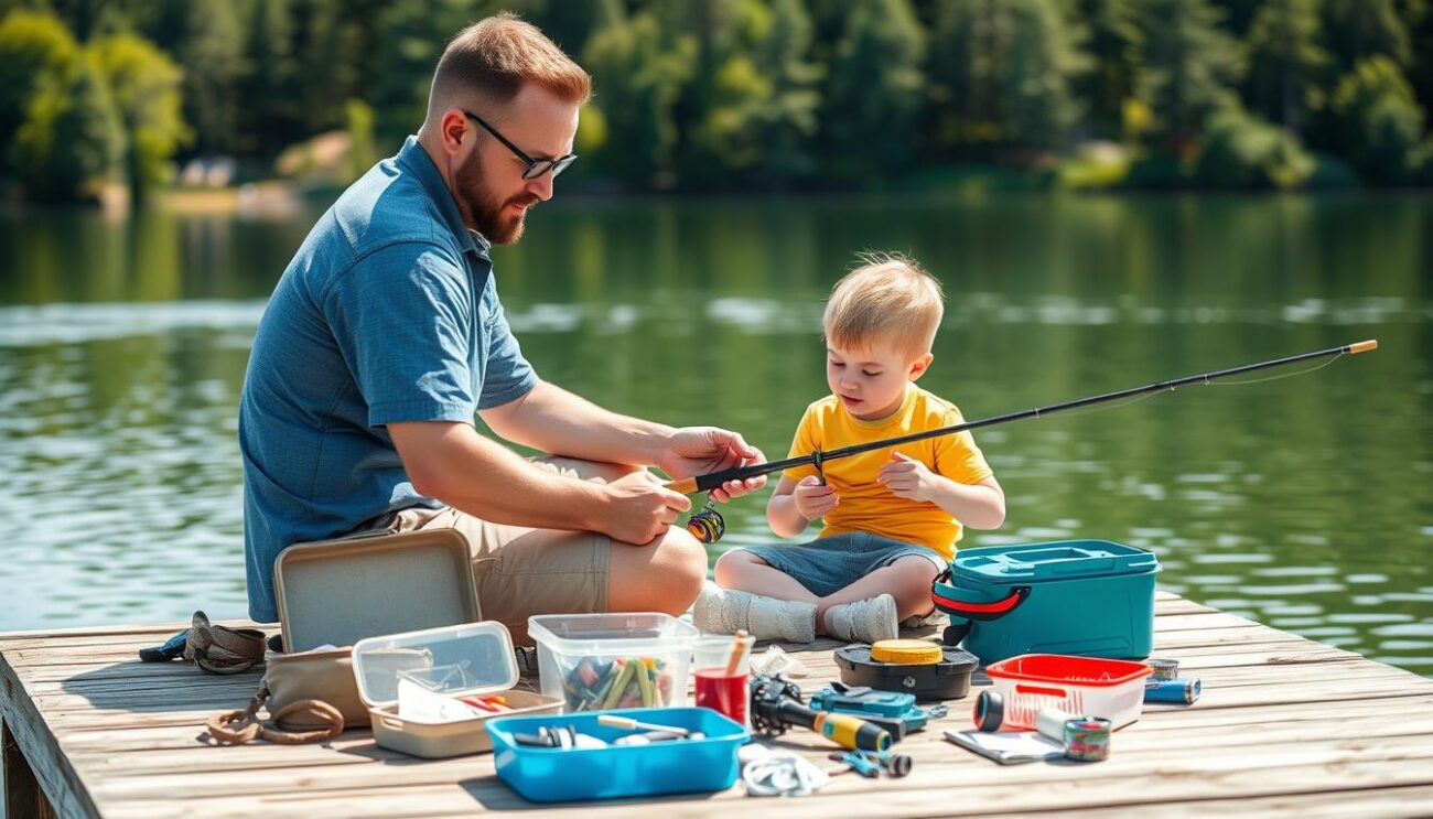 Father and child fishing together at a lake with kids fishing accessories
