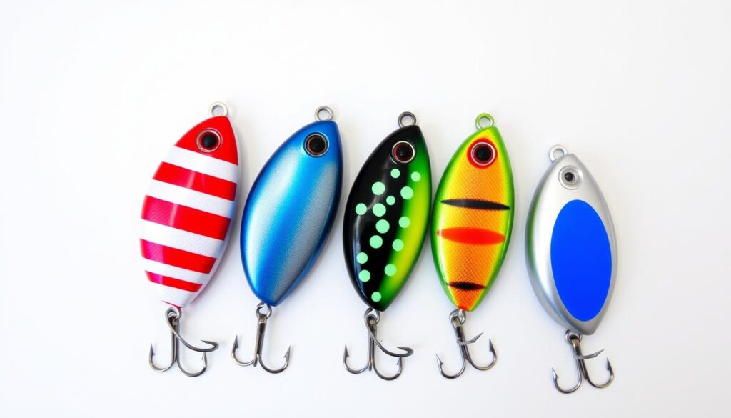 Five different color patterns of bottle cap lures displayed side by side