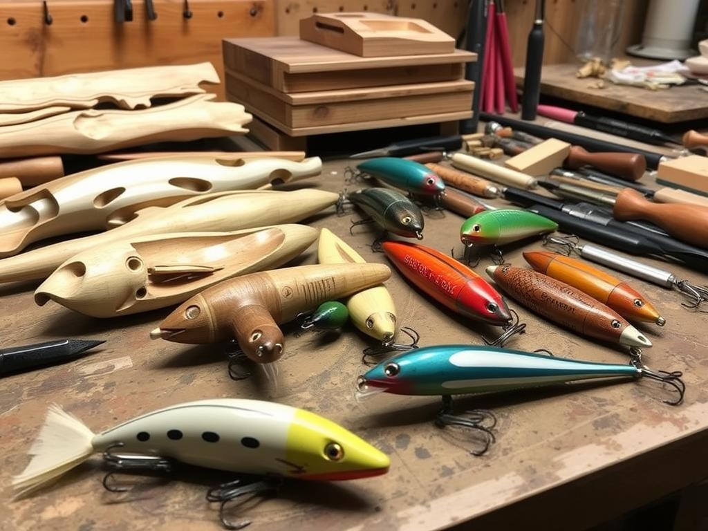 Handmade wooden fishing lures in various stages of completion