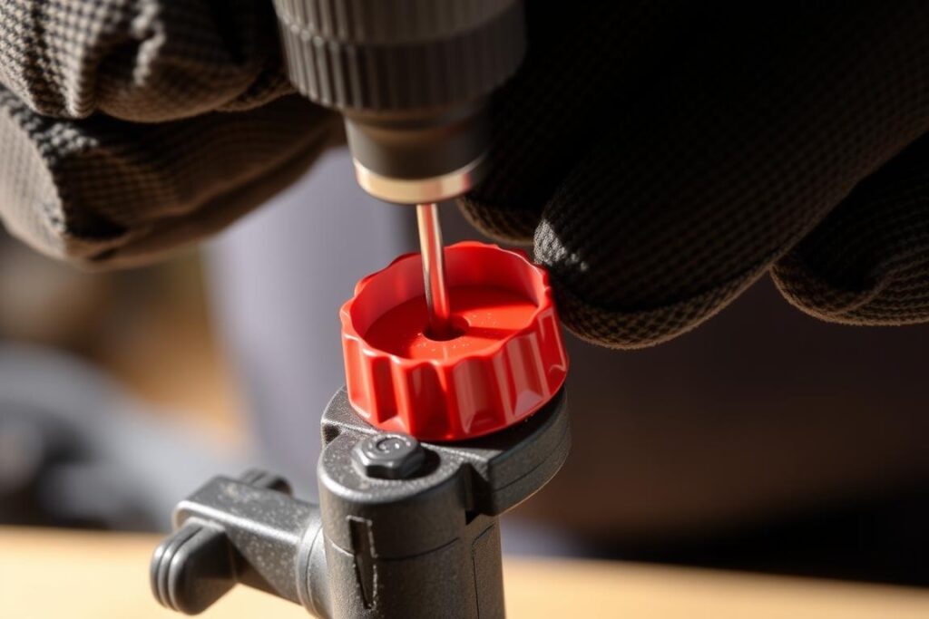 Hands drilling a hole in a bottle cap for making a fishing lure