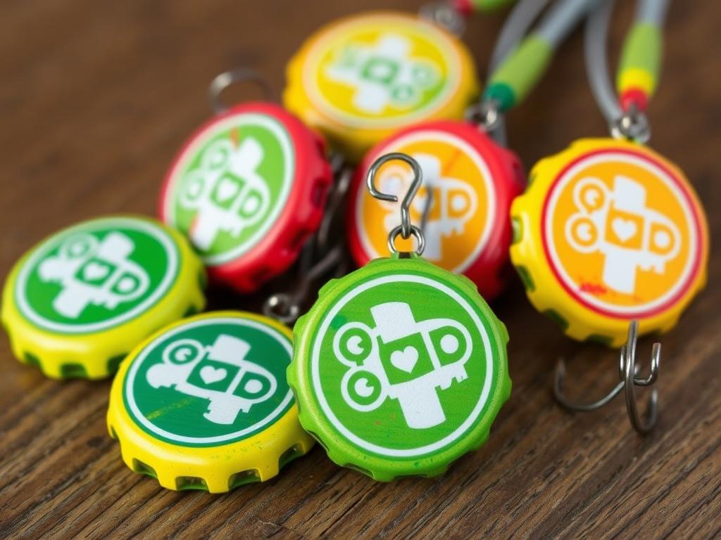 Homemade bottle cap fishing lures in various colors