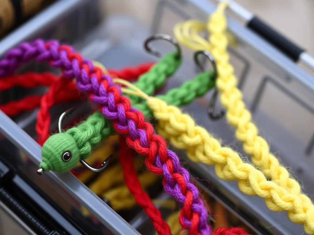 Homemade braided yarn fishing worms in various colors