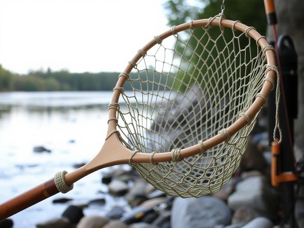 Homemade paracord fishing net with wooden handle