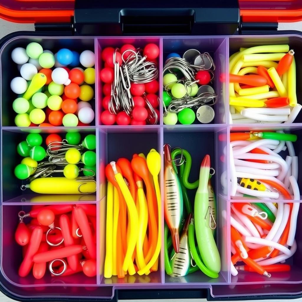 Kid-friendly fishing tackle including colorful lures and bobbers