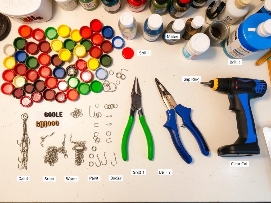 Materials needed for making bottle cap lures laid out on a table