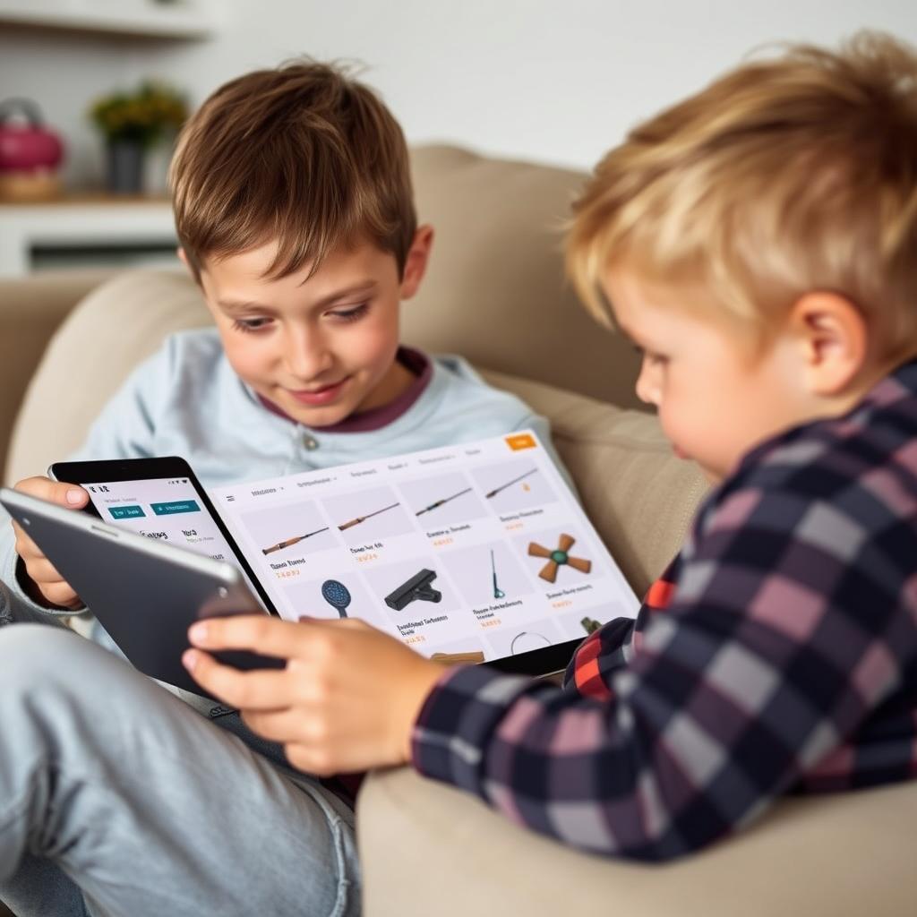 Parent and child reviewing online fishing gear options on a tablet