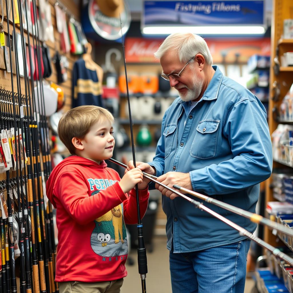 Parent and child shopping at a local fishing tackle shop