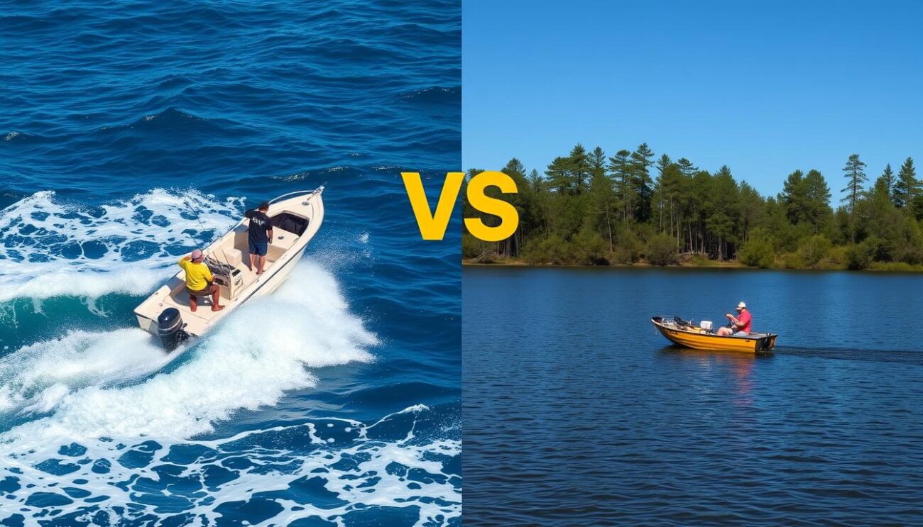 Side-by-side comparison of saltwater fishing on ocean waves and freshwater fishing on a calm lake