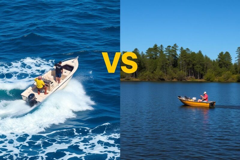 Side-by-side comparison of saltwater fishing on ocean waves and freshwater fishing on a calm lake