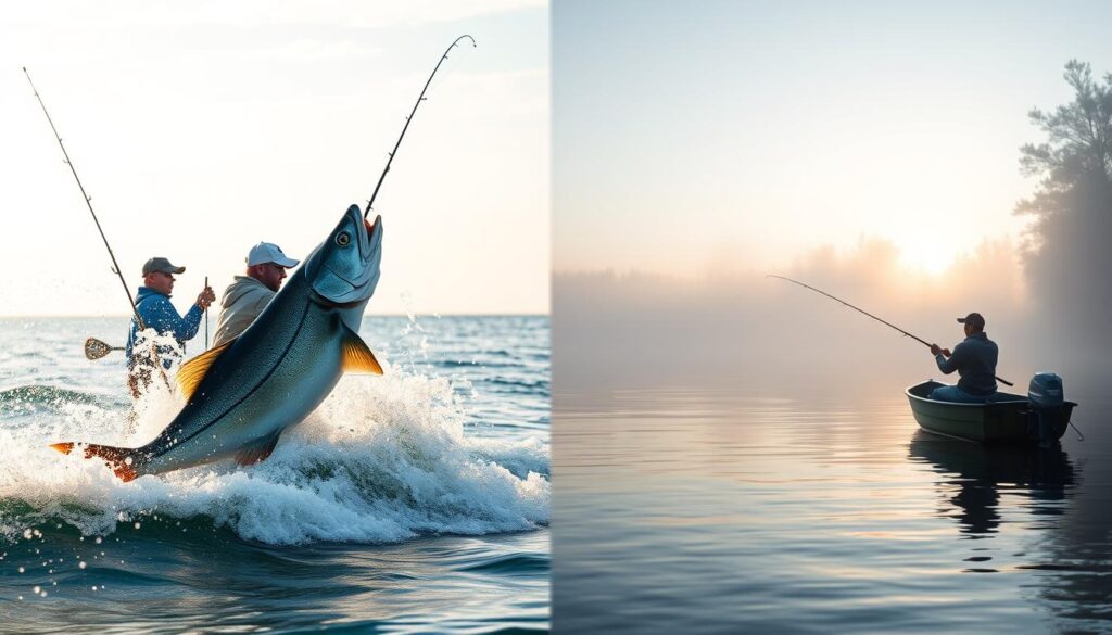 Split view of a peaceful lake fishing scene and an action-packed offshore saltwater fishing moment Split view of a peaceful lake fishing scene and an action-packed offshore saltwater fishing moment