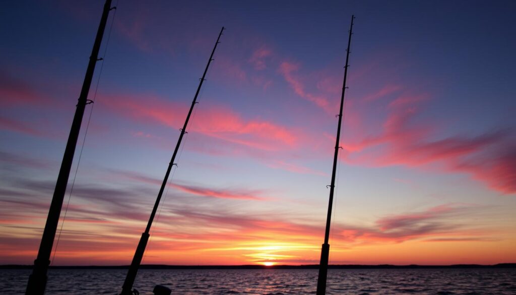 Sunset over water with fishing rods silhouetted against the colorful sky Sunset over water with fishing rods silhouetted against the colorful sky