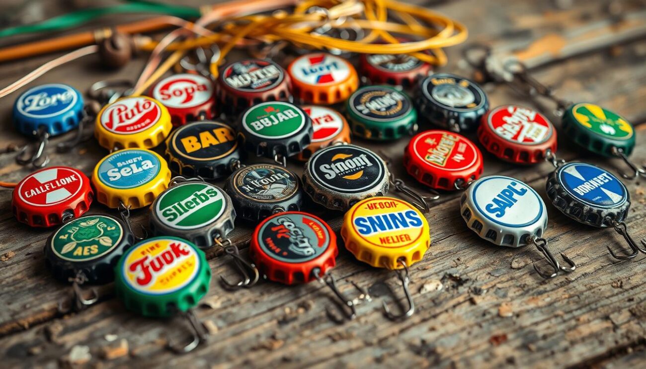 Various colorful bottle cap lures displayed on a wooden surface