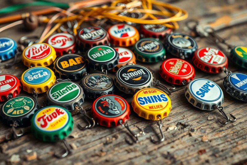 Various colorful bottle cap lures displayed on a wooden surface